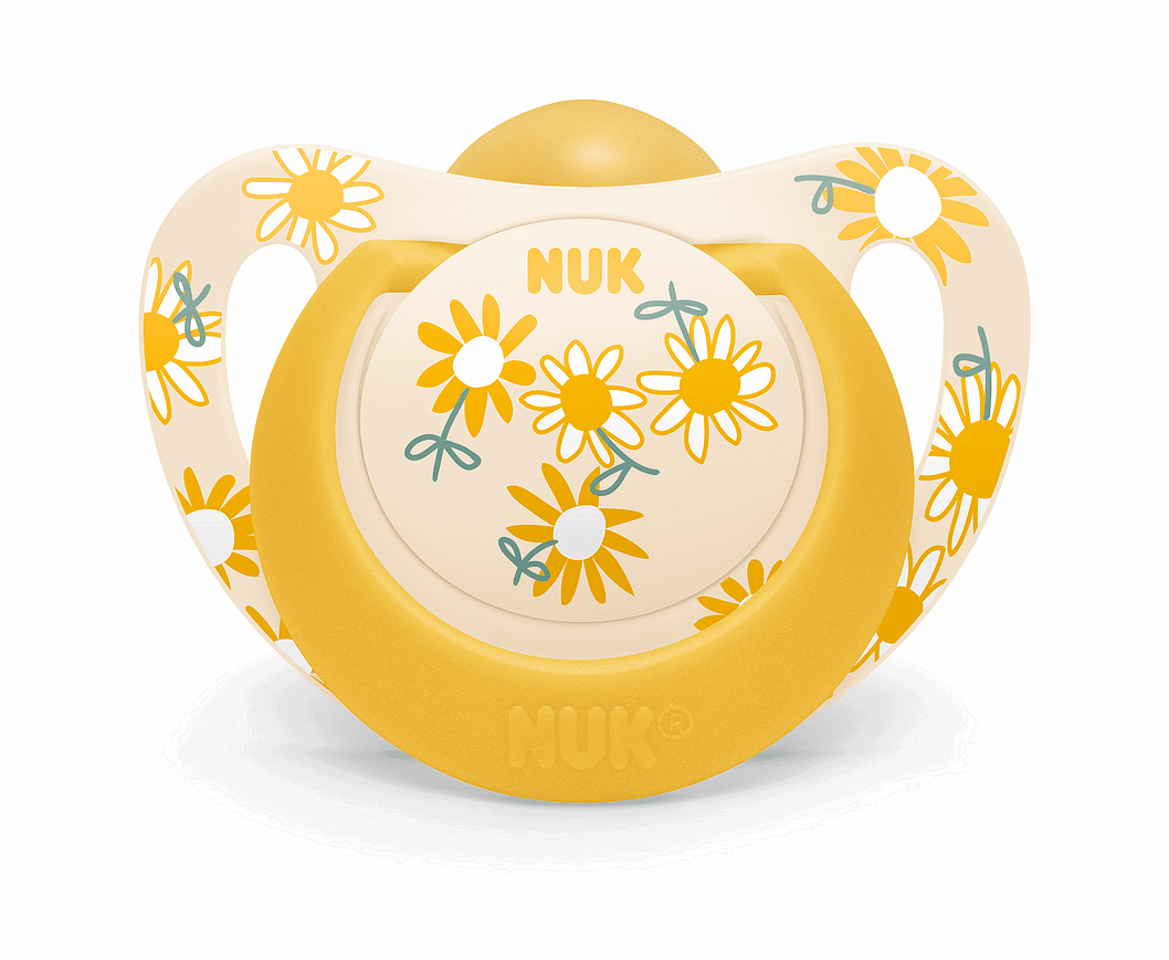 Nuk Биберон Залъгалка Каучук 6-18Мес. 1Бр. Star + Box - Жълта С Цветя --- BebeMama