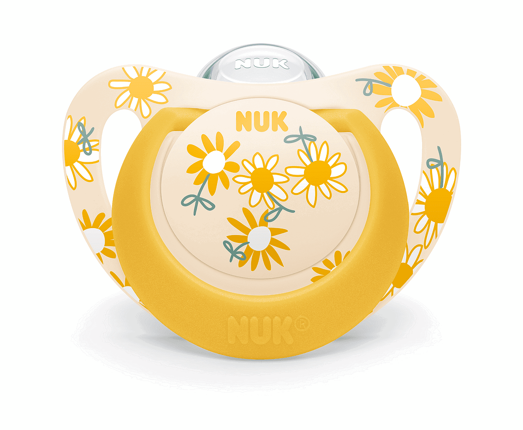 Nuk Биберон Залъгалка Силикон 6-18Мес. 1Бр. Star + Box - Жълта С Цветя --- BebeMama