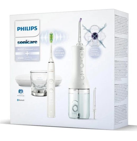 Philips Sonicare Power Flosser 3000 szájzuhany és Diamondclean 9000 szónikus fogkefe szett, HX3866/41, fehér