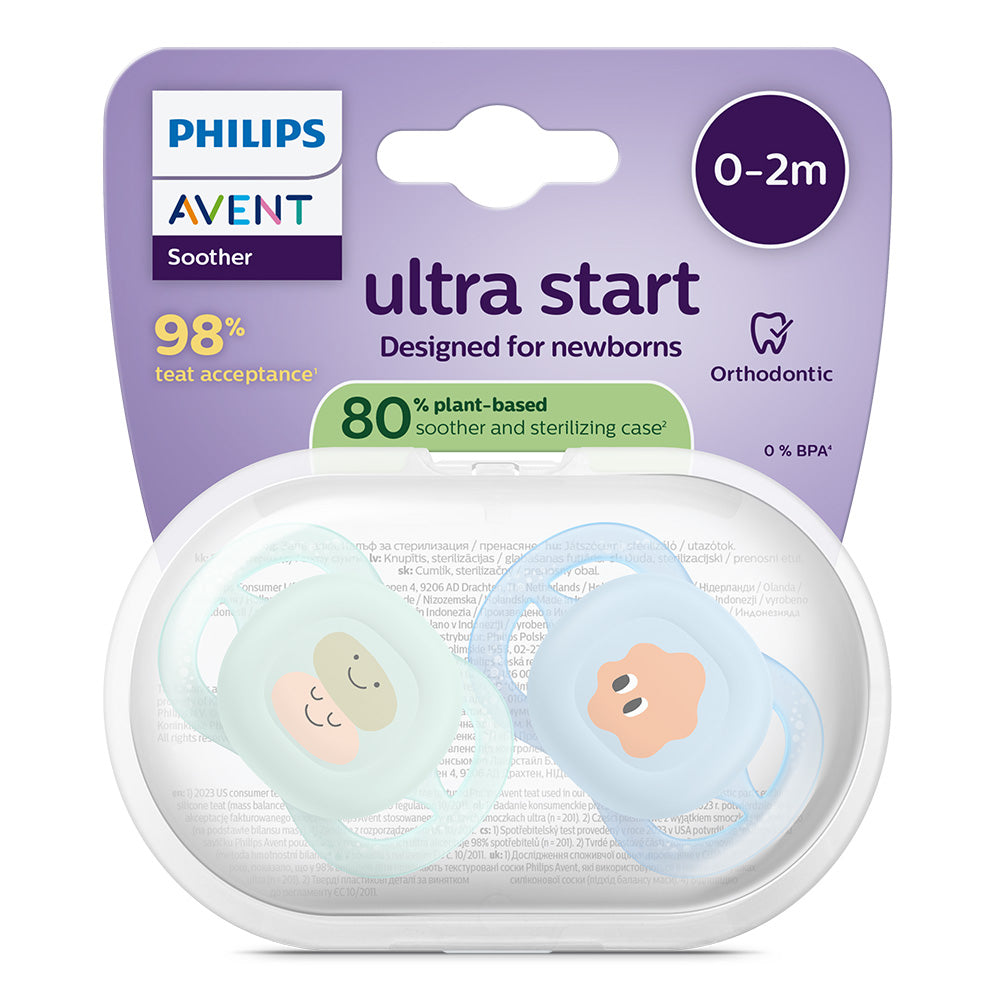 Залъгалки Ultra Start 0 2м Пастелни Декор Усмивка И Очички, Момче Philips Avent