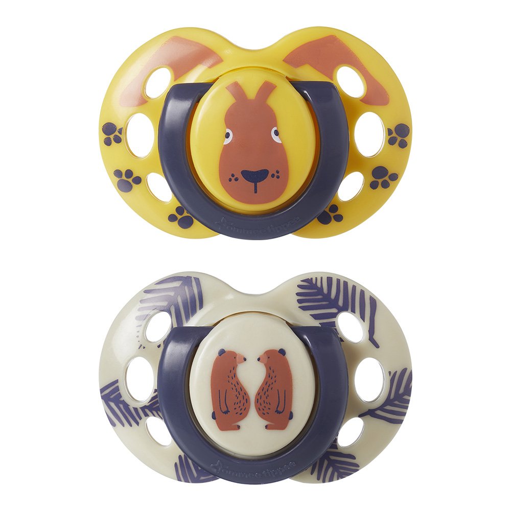 Suzete ortodontice Tommee Tippee Fun Friends, 18-36 luni, iepure galben/ursuleț de pluș bej + cutie de sterilizare