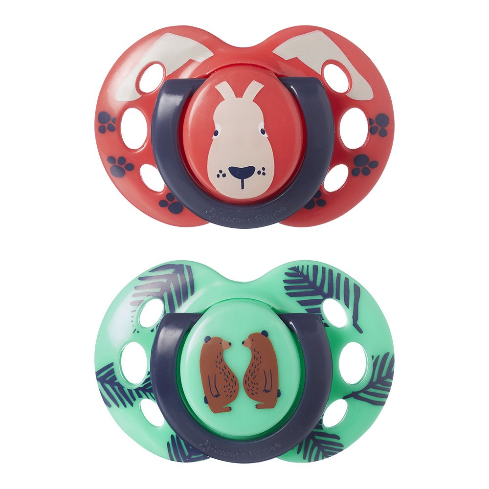 Suzete ortodontice Tommee Tippee Fun Friends, 18-36 luni, iepure roșu/ursuleț verde + cutie de sterilizare