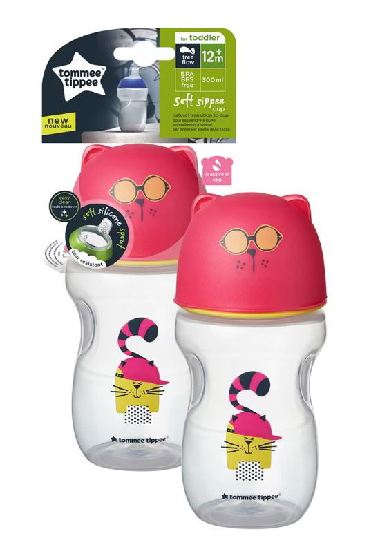 Tommee Tippee Преходна Чаша С Мек Силиконов Накрайник Коте Розова 300Мл 12М+ --- BebeMama