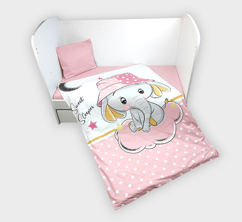 Set de lenjerie de pat Rainy Baby 3 piese 60x120 cm. Elefant roz