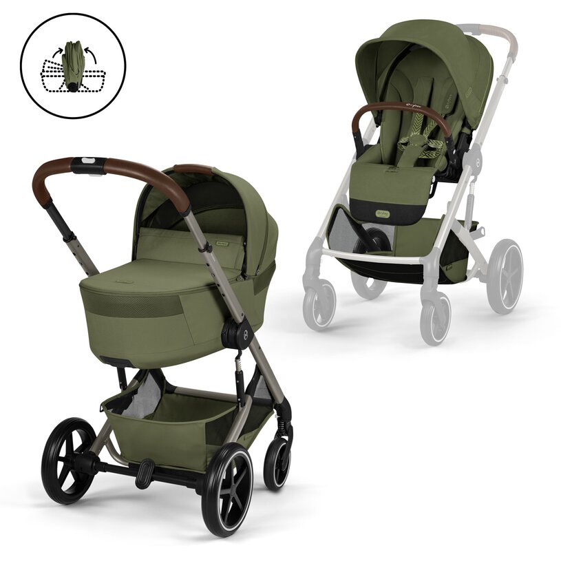 Gold Бебешка Комбинирана Количка Balios S Lux Tpe Moss Green 2026 + Сгъваем Кош За Новородено Cybex