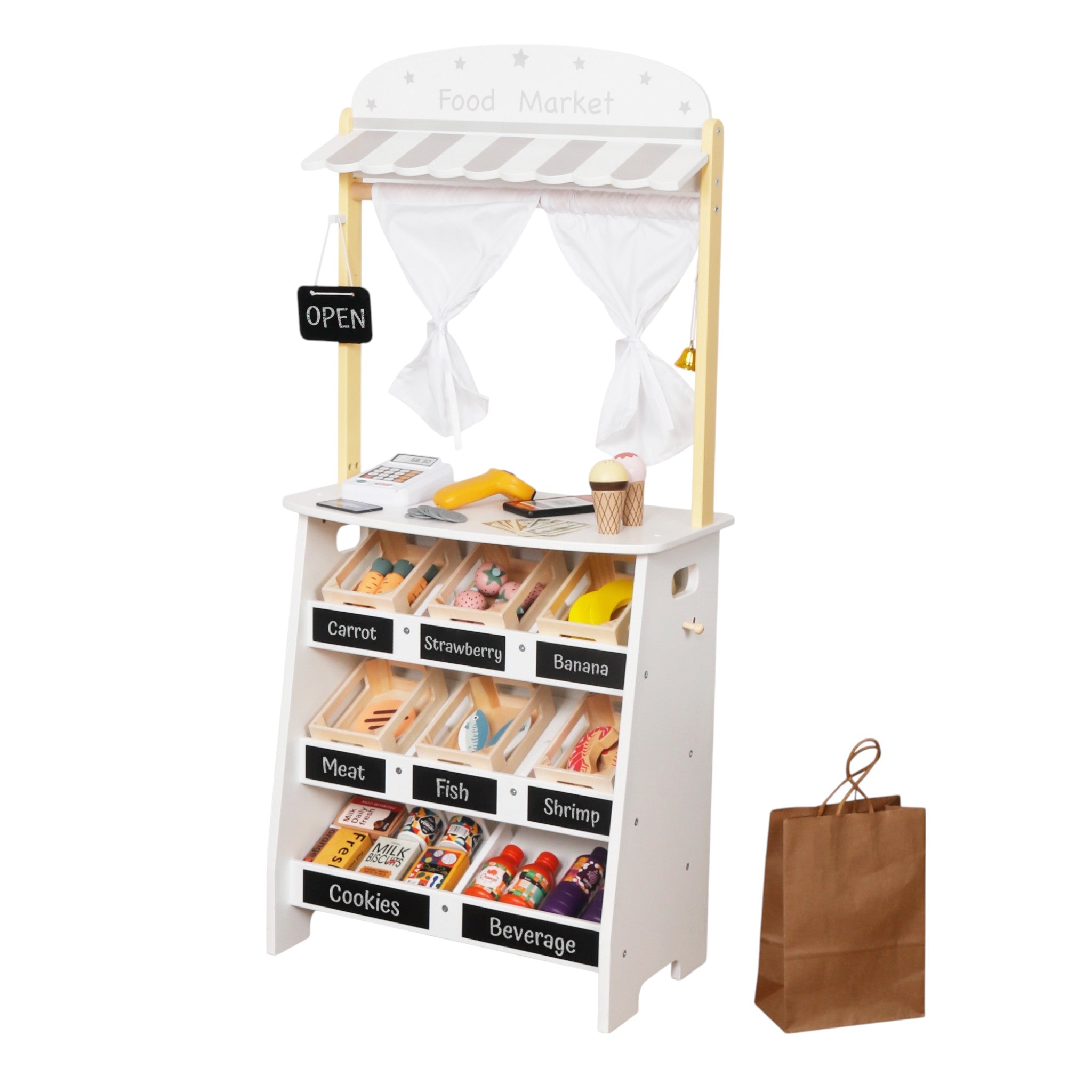 Magazin și teatru pentru copii din lemn 2 în 1 Ginger Home, pentru jocuri de rol, cu casă de marcat, terminal POS și scaner cu sunet, jucării și accesorii, 45x24x97,5 cm, pentru copii peste 3 ani