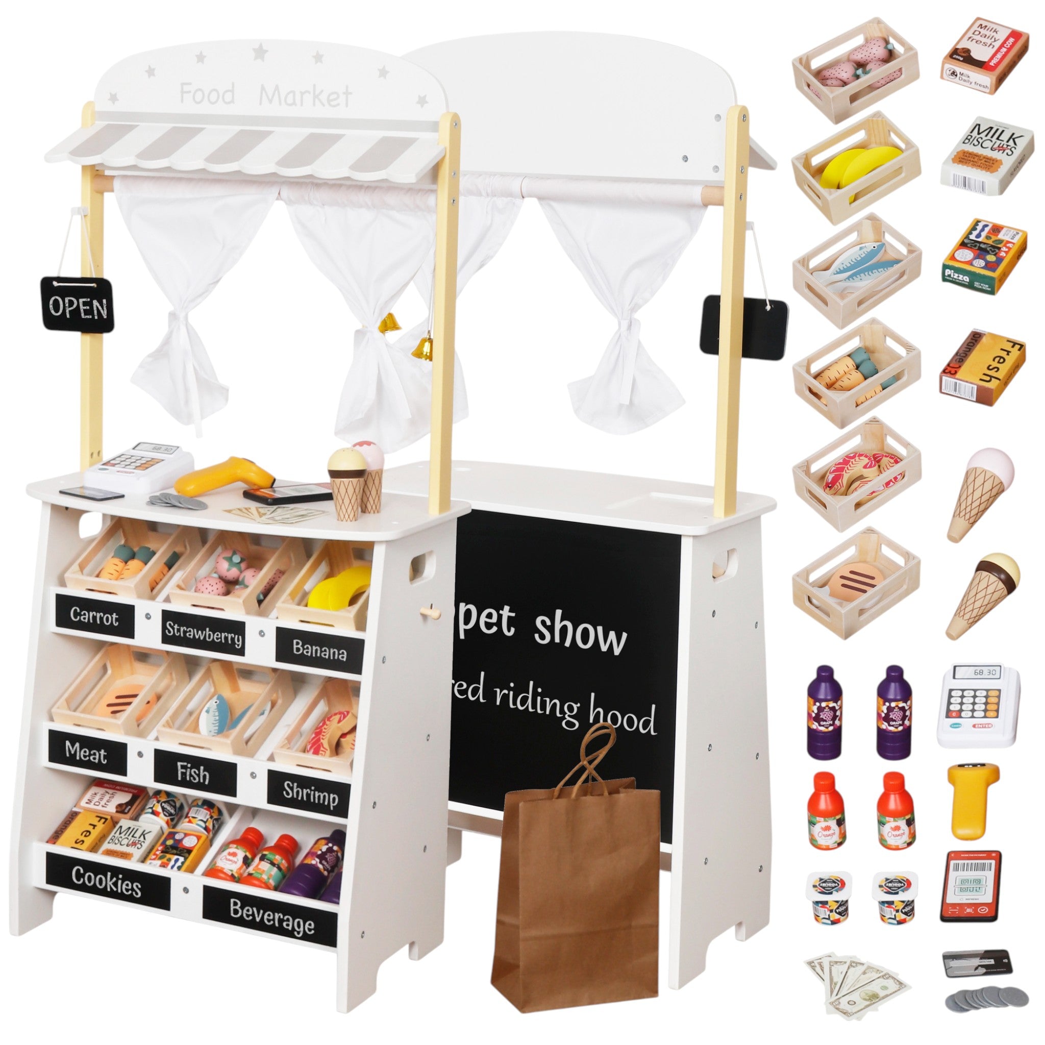 Дървен Детски Магазин И Театър 2 В 1 Ginger Home, За Ролеви Игри, С Каса, Pos Терминал И Скенер Със Звук, Играчки И Аксесоари, 45X24X97.5 См, За Деца Над 3 Години