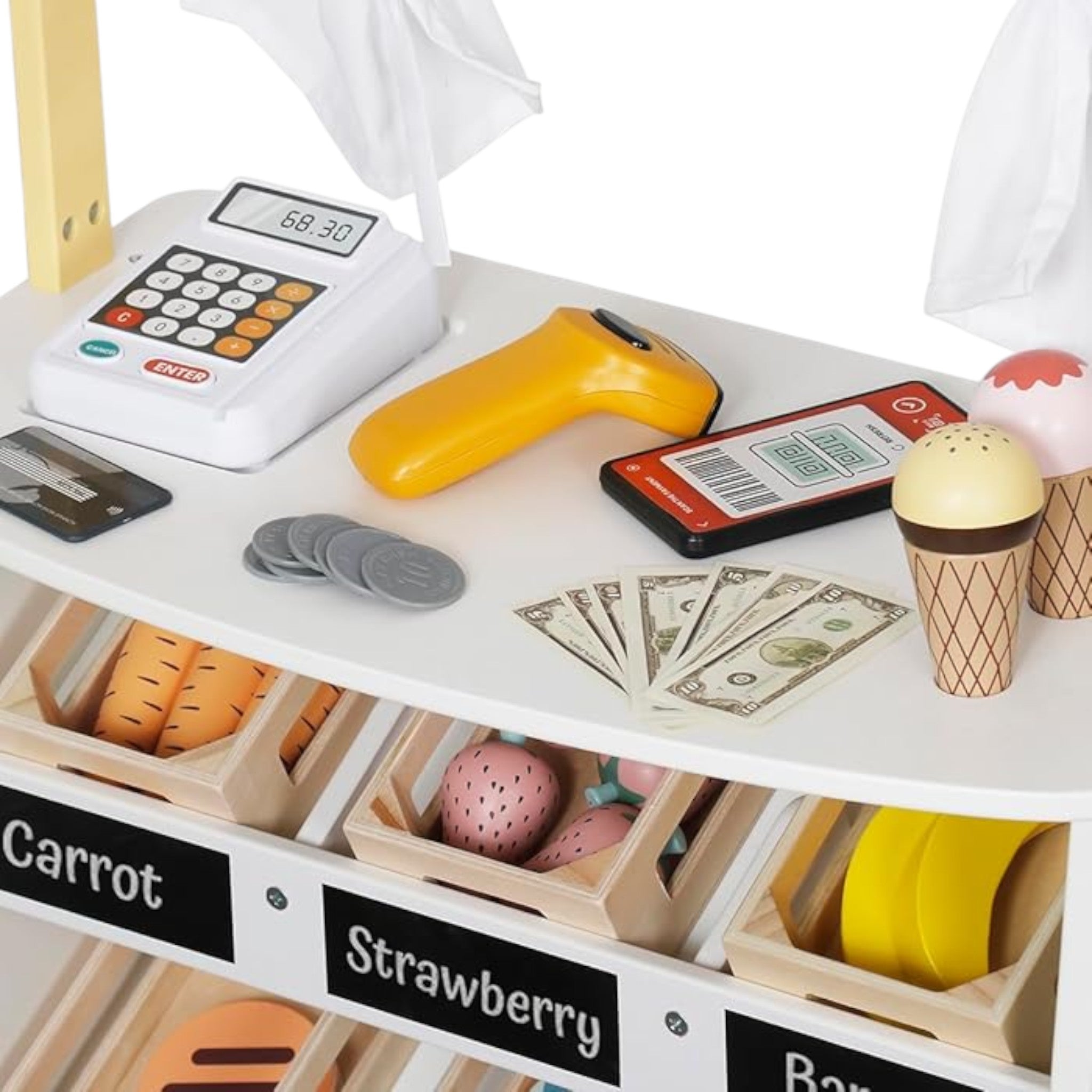 Дървен Детски Магазин И Театър 2 В 1 Ginger Home, За Ролеви Игри, С Каса, Pos Терминал И Скенер Със Звук, Играчки И Аксесоари, 45X24X97.5 См, За Деца Над 3 Години