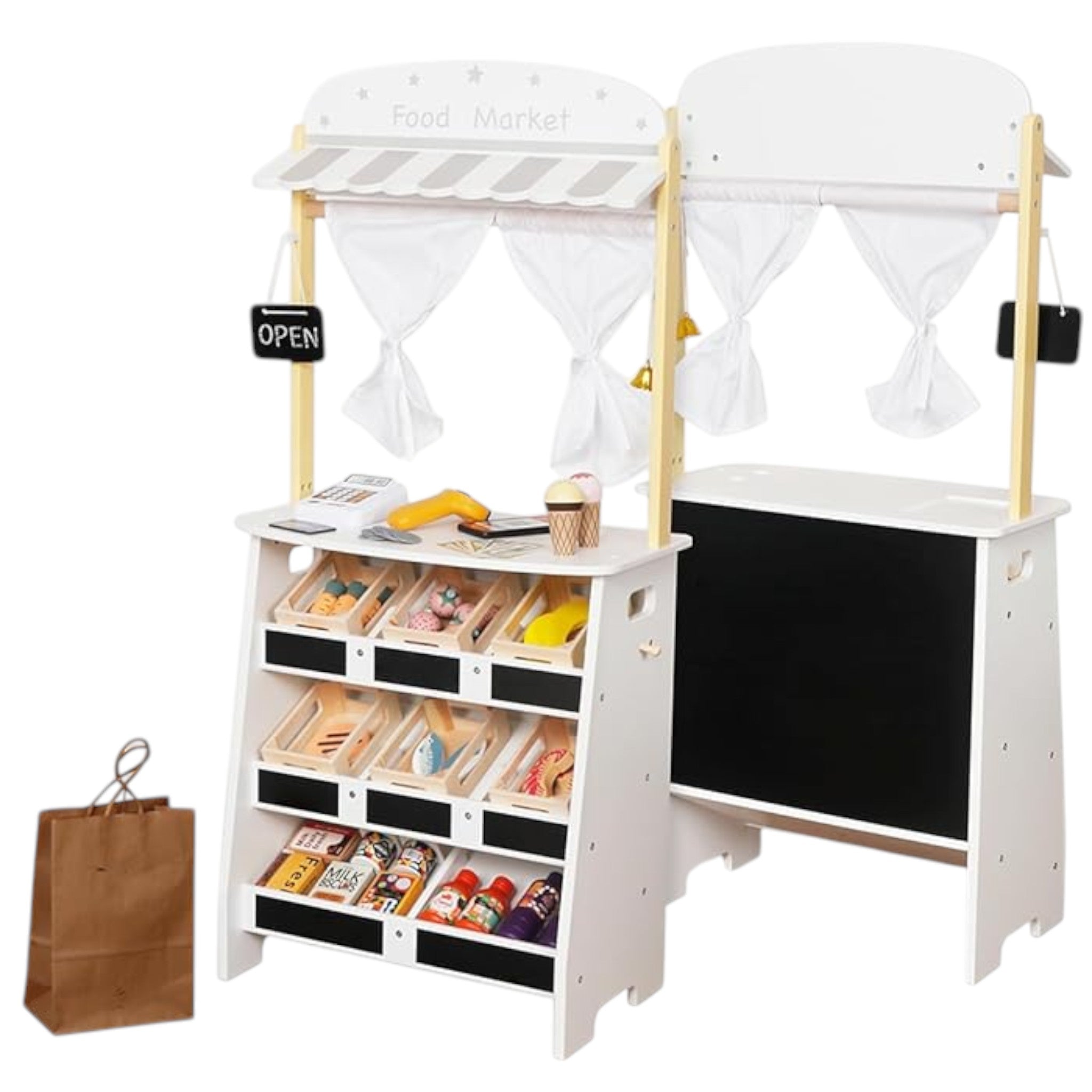 Magazin și teatru pentru copii din lemn 2 în 1 Ginger Home, pentru jocuri de rol, cu casă de marcat, terminal POS și scaner cu sunet, jucării și accesorii, 45x24x97,5 cm, pentru copii peste 3 ani