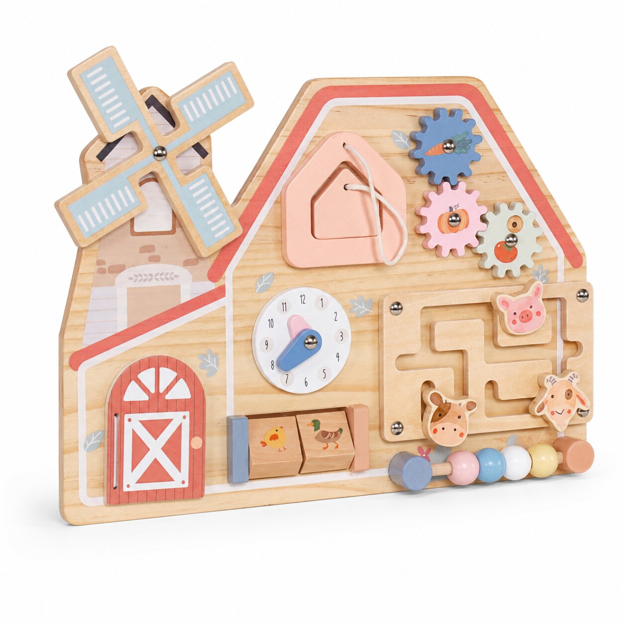 Дървена Монтесори Активна Дъска Ферма С Мелница, Лабиринт, Часовник И Зъбни Колела, 33x24x5 См Ginger Home