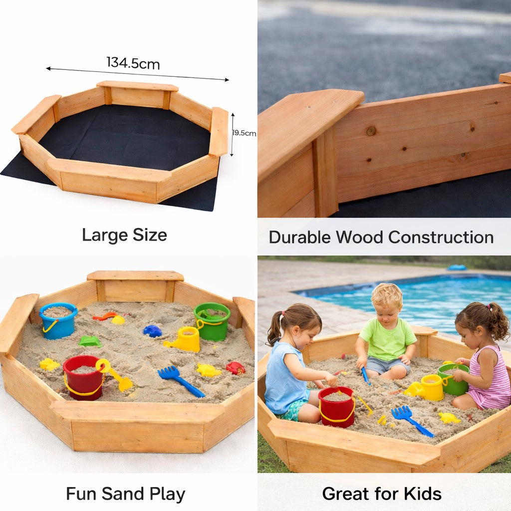 Детски Дървен Пясъчник 8 Странен Модел С 4 Седалки, 134.5×134.5 См Ginger Home