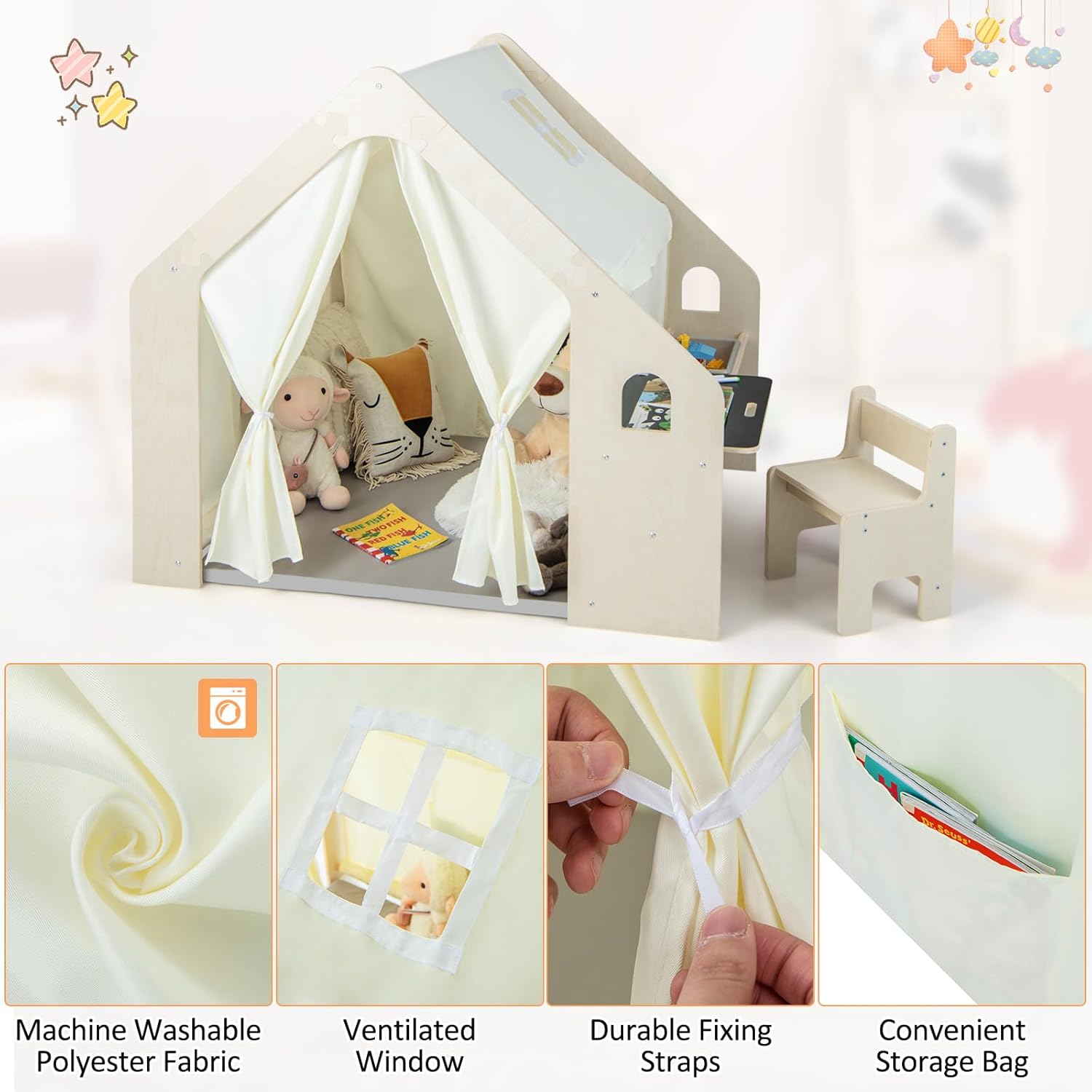 Căsuță de joacă din lemn pentru copii 6 în 1 Ginger Home – Scaun, masă, tablă, organizator, copertină și saltea moale