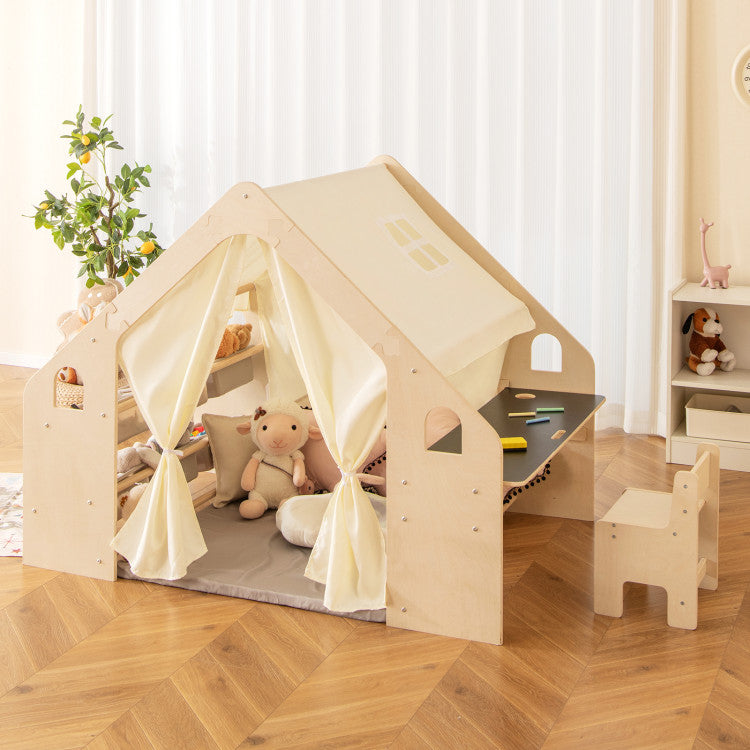Căsuță de joacă din lemn pentru copii 6 în 1 Ginger Home – Scaun, masă, tablă, organizator, copertină și saltea moale