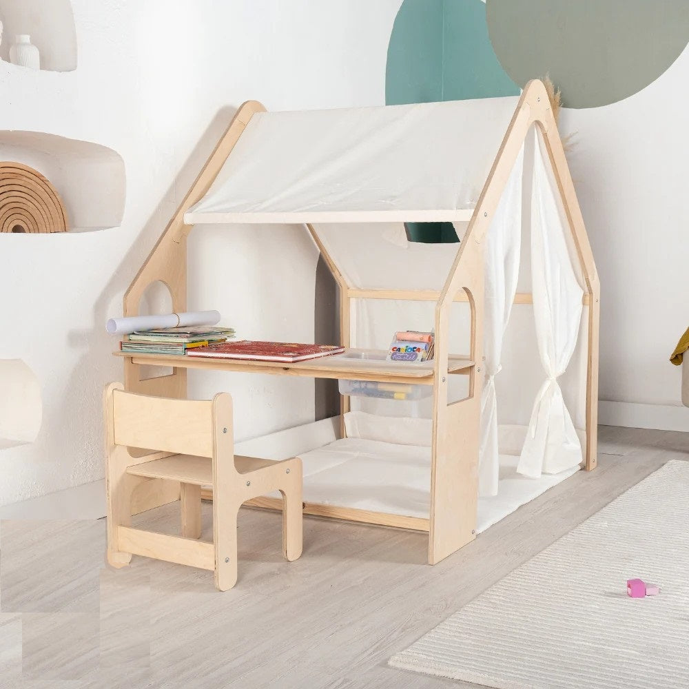 Căsuță de joacă din lemn pentru copii 6 în 1 Ginger Home – Scaun, masă, tablă, organizator, copertină și saltea moale