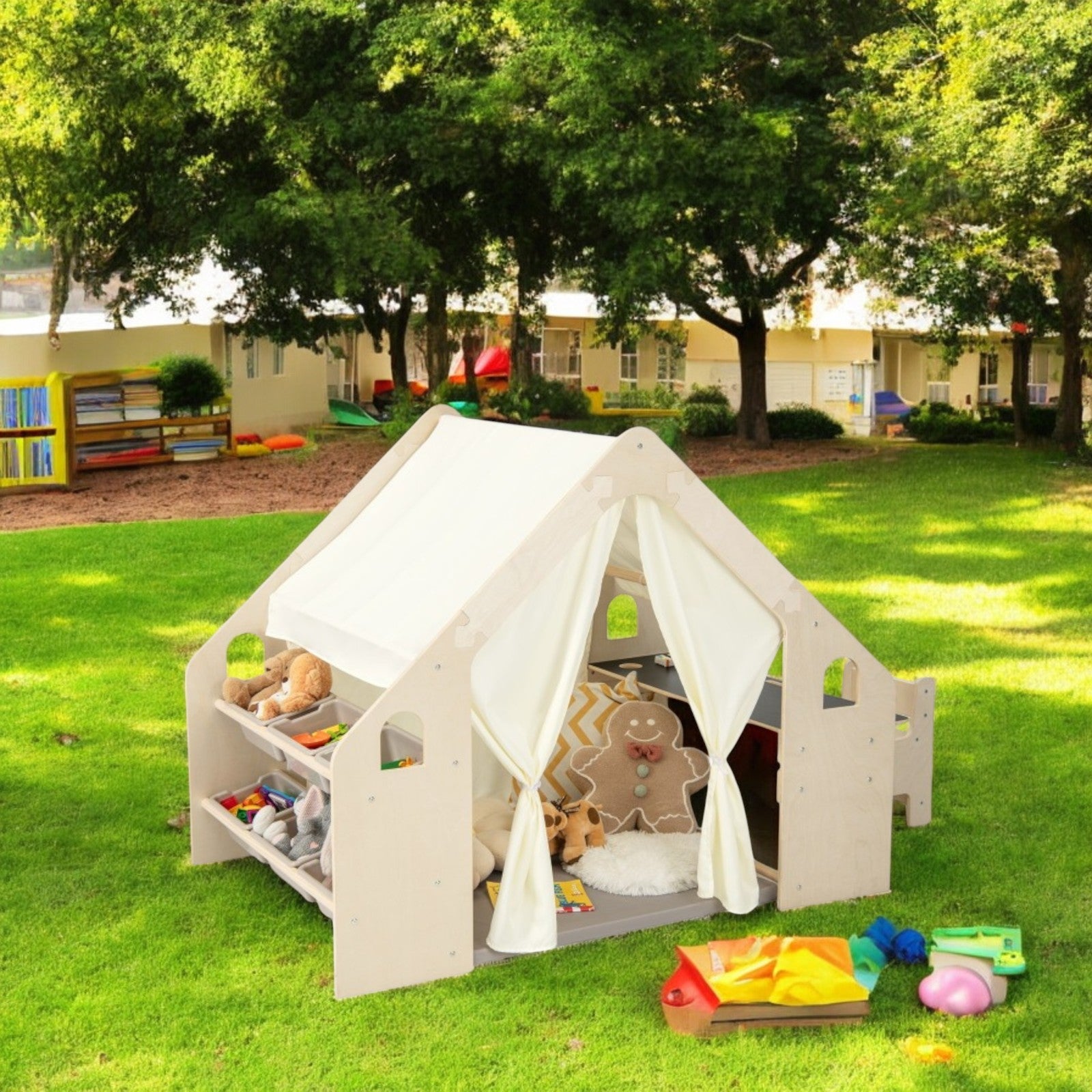 Căsuță de joacă din lemn pentru copii 6 în 1 Ginger Home – Scaun, masă, tablă, organizator, copertină și saltea moale