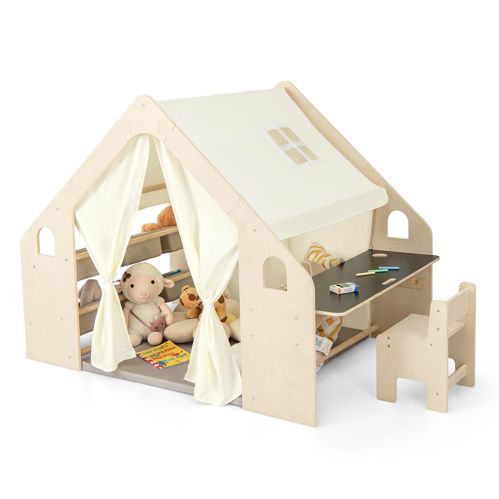 Căsuță de joacă din lemn pentru copii 6 în 1 Ginger Home – Scaun, masă, tablă, organizator, copertină și saltea moale