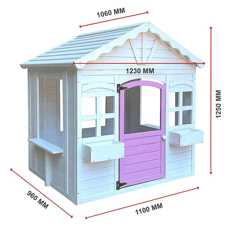 Детска Дървена Къщичка За Игра Градинска Къща С Прозорци И Саксии, Бяла, 123×106×125 См Ginger Home