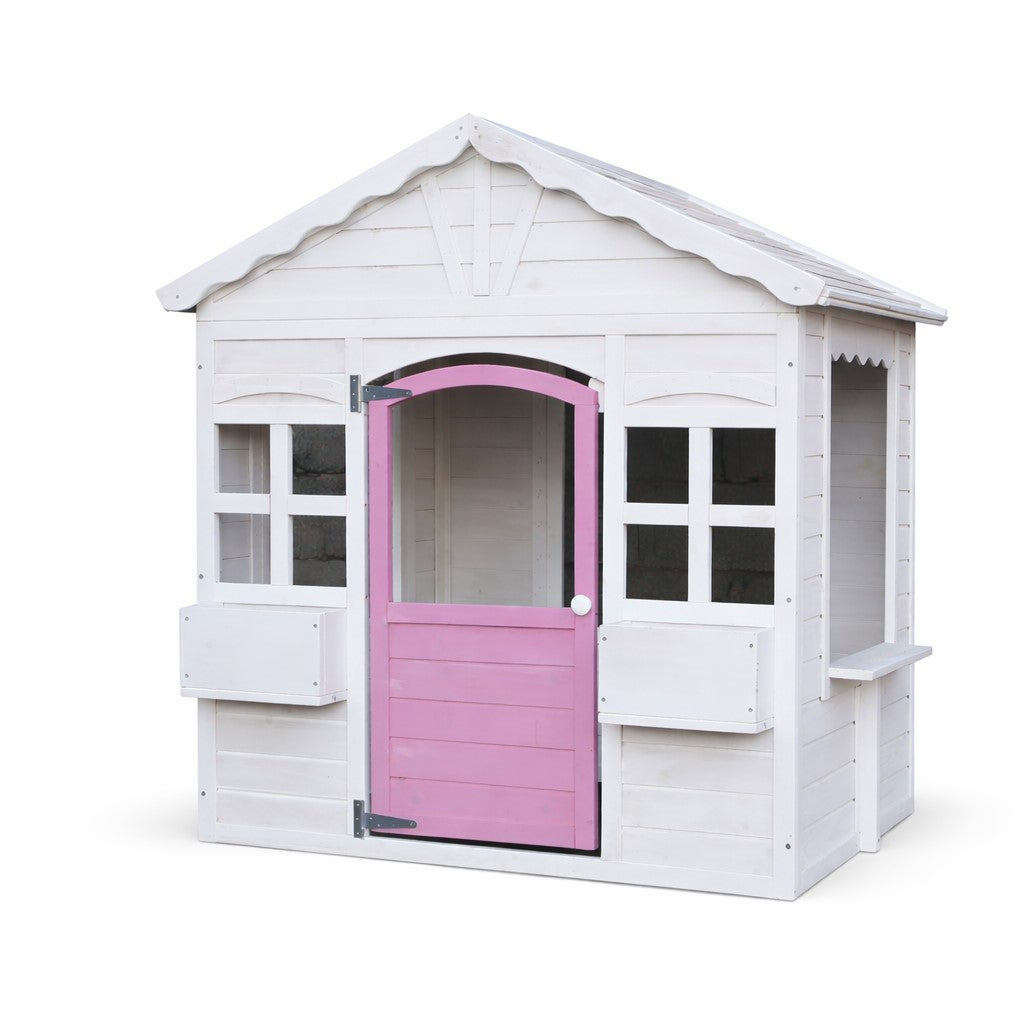 Детска Дървена Къщичка За Игра Градинска Къща С Прозорци И Саксии, Бяла, 123×106×125 См Ginger Home