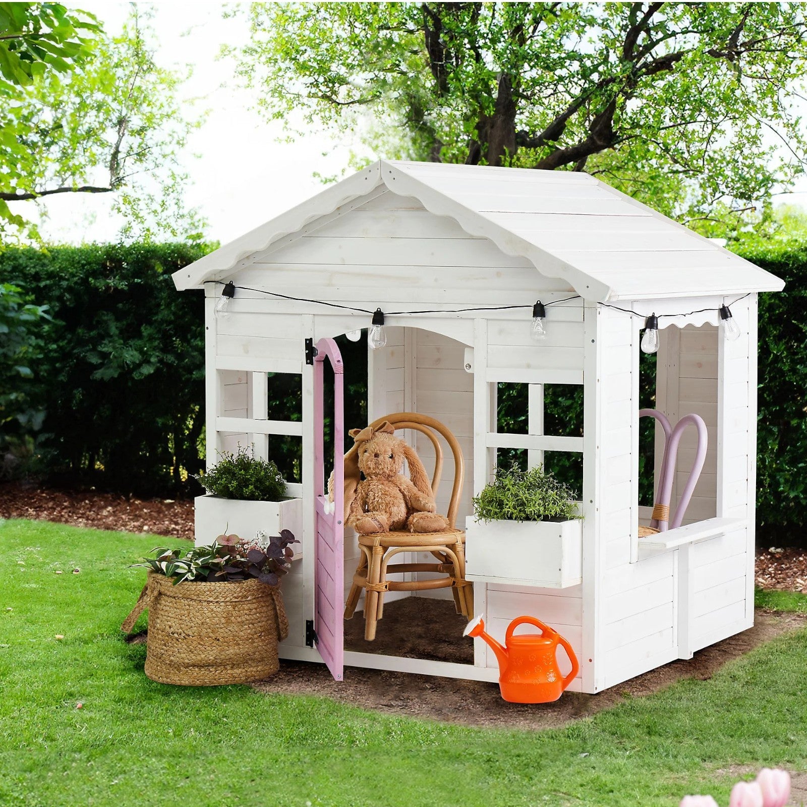 Детска Дървена Къщичка За Игра Градинска Къща С Прозорци И Саксии, Бяла, 123×106×125 См Ginger Home
