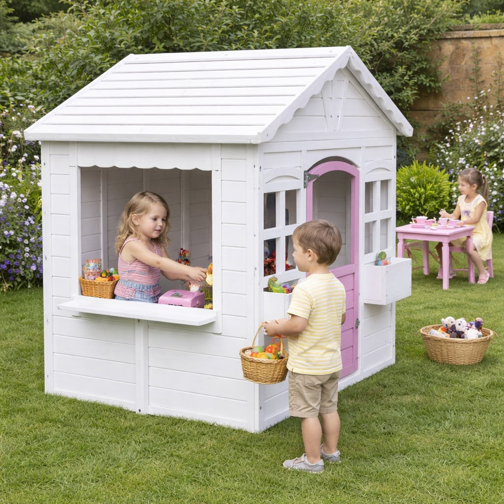 Детска Дървена Къщичка За Игра Градинска Къща С Прозорци И Саксии, Бяла, 123×106×125 См Ginger Home
