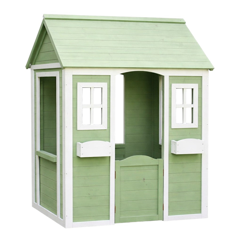 Детска Дървена Къщичка За Игра На Открито Градинска Къща За Деца, Зелено И Бяло, 107×90×144 См Ginger Home