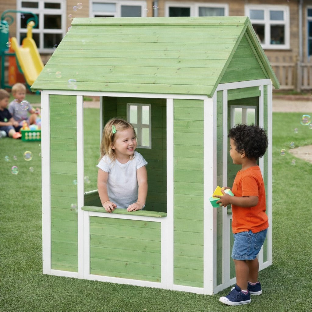 Детска Дървена Къщичка За Игра На Открито Градинска Къща За Деца, Зелено И Бяло, 107×90×144 См Ginger Home