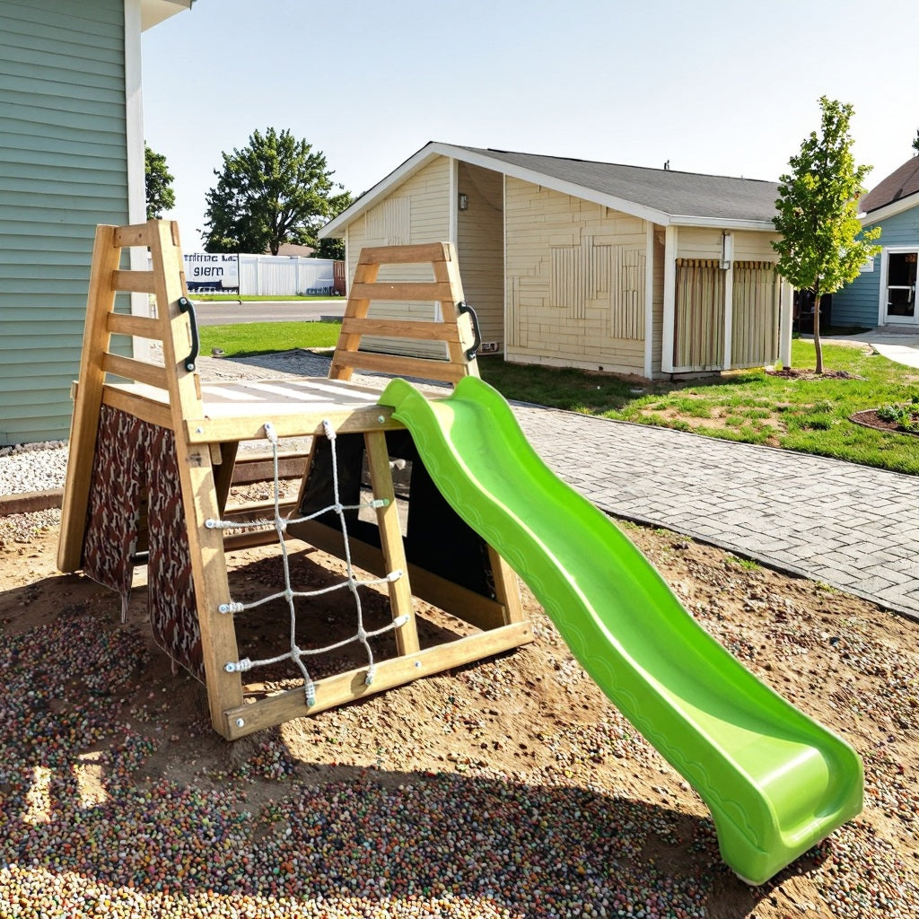 Детска Дървена Пързалка С Катерушка За Двор 285×152×123 См Ginger Home