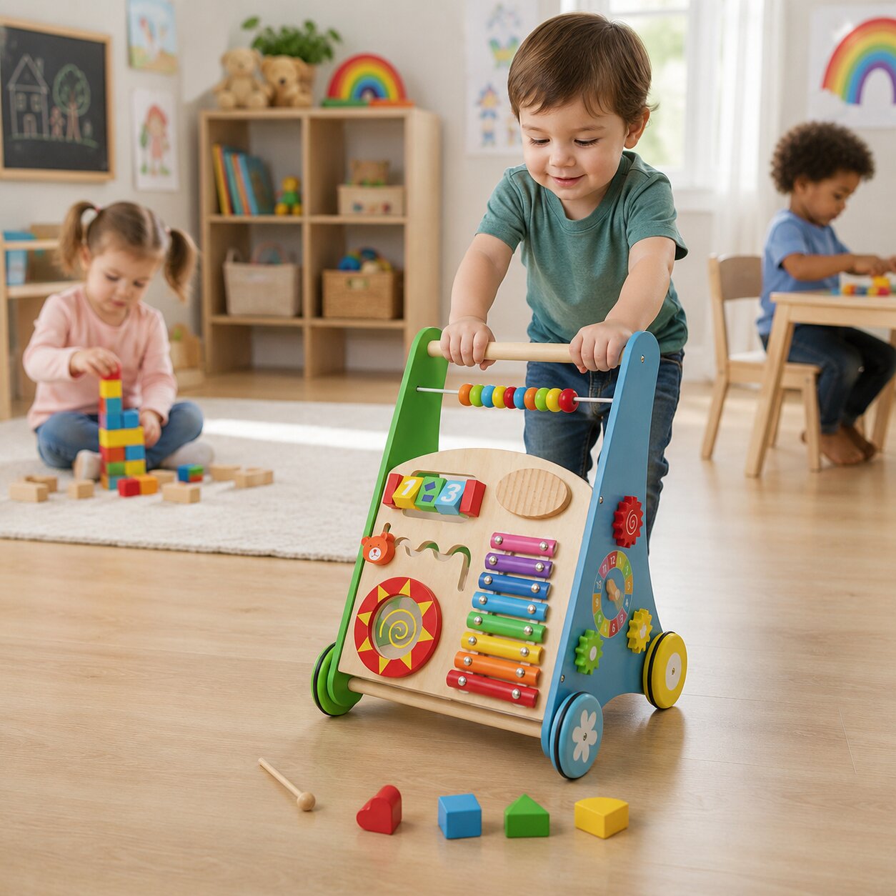Детска Дървена Проходилка С Активности, Ксилофон И Сортер, 35.1x31.3x46 См Ginger Home