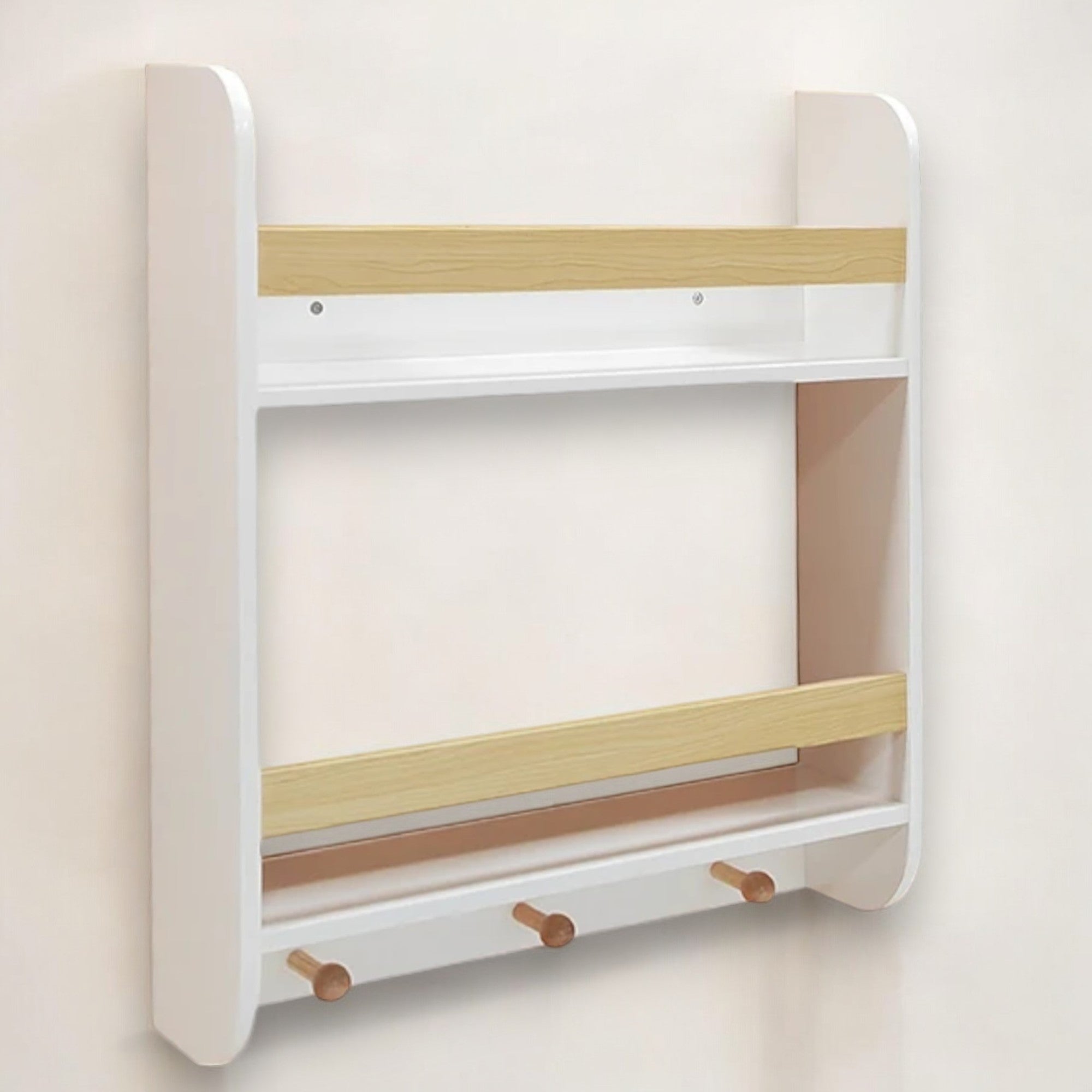 Bibliotecă pentru copii Ginger Home, montată pe perete cu rafturi și umerașe, albă, pentru camera copiilor