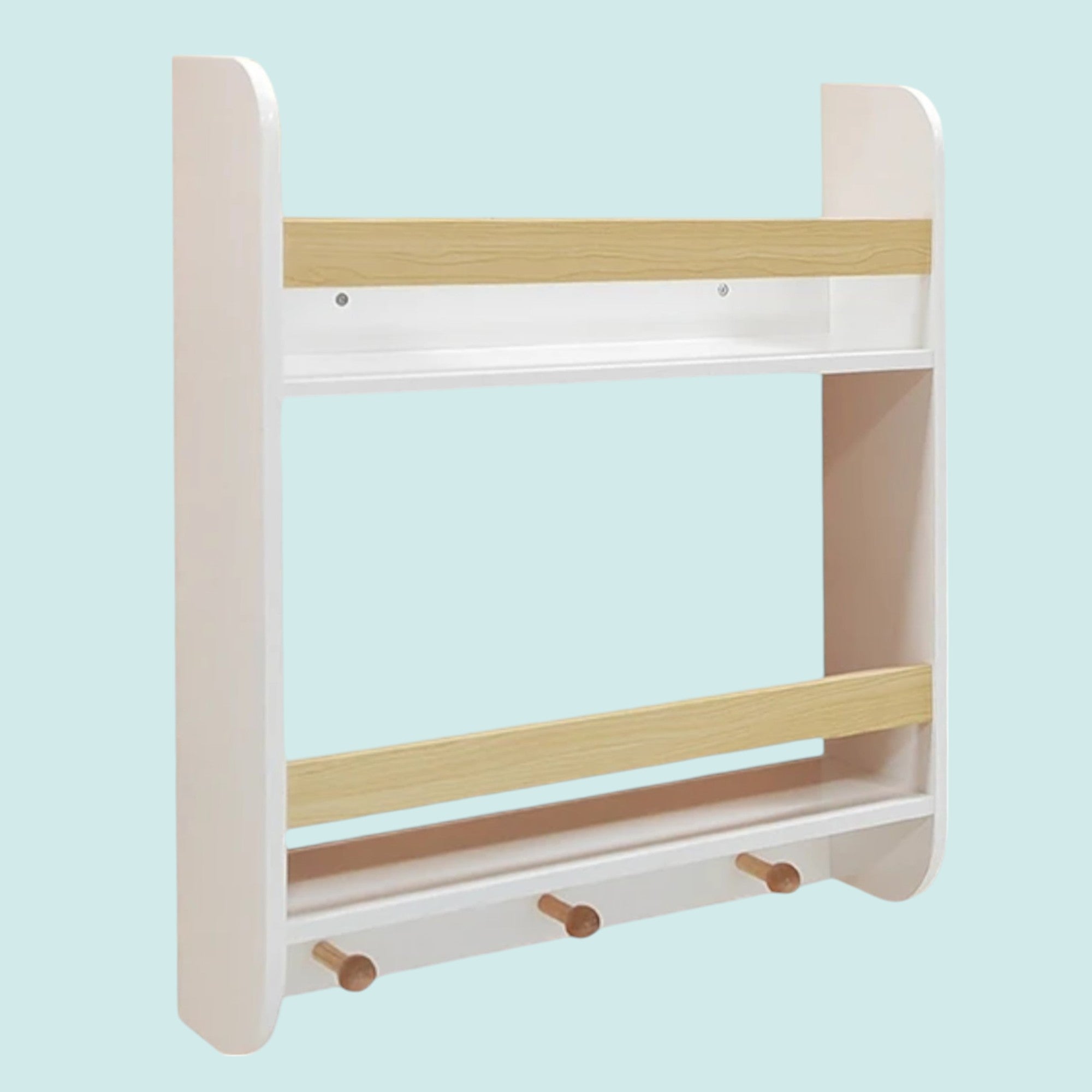 Bibliotecă pentru copii Ginger Home, montată pe perete cu rafturi și umerașe, albă, pentru camera copiilor