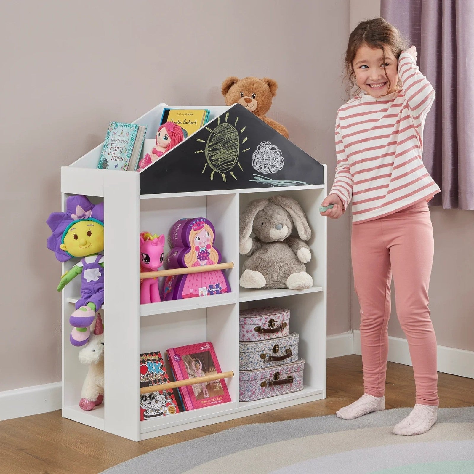 Детска Етажерка За Играчки И Книги Къща С Рафтoве И Дъска За Рисуване, Монтесори, Бяла, 72.5x40x95.8 См Ginger Home