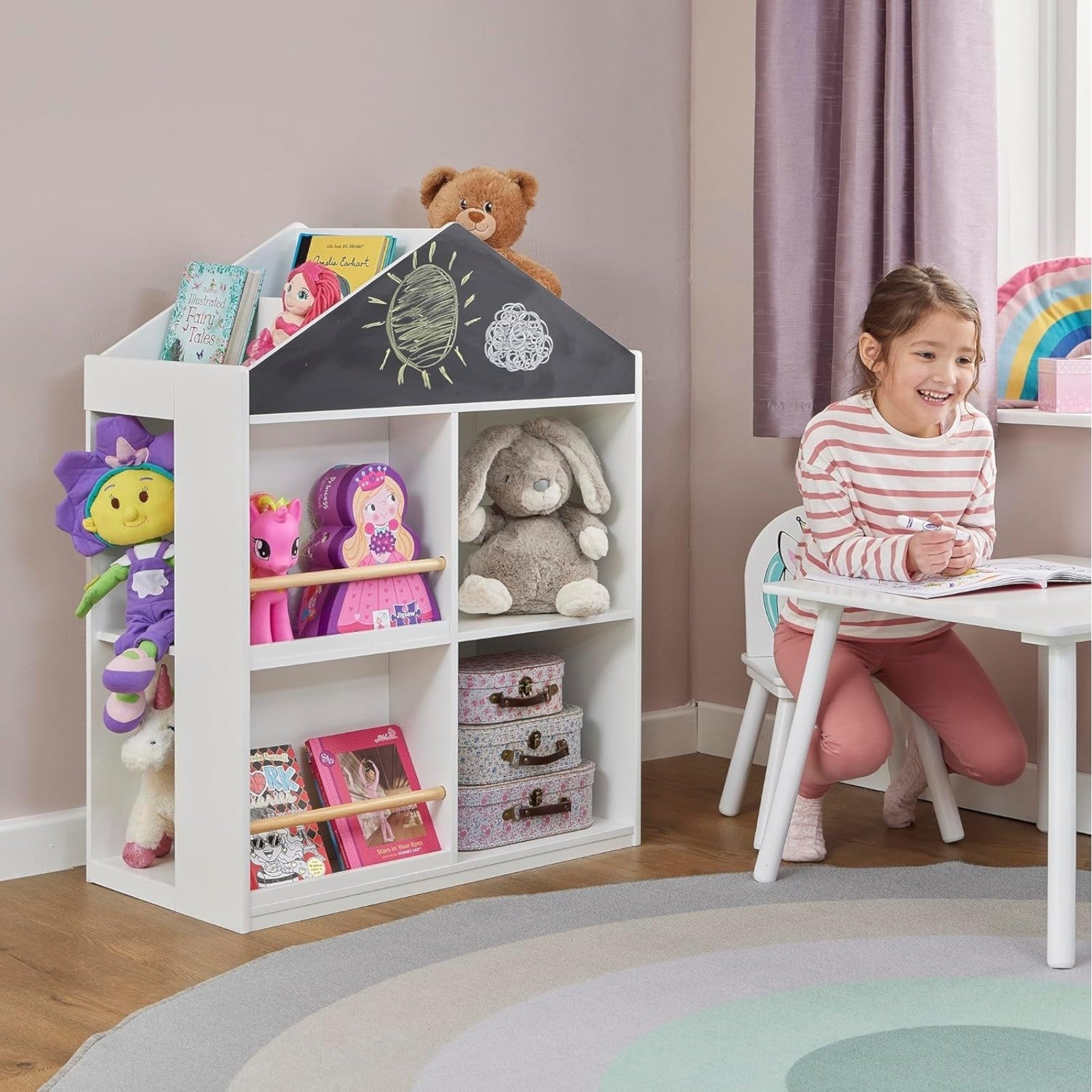 Детска Етажерка За Играчки И Книги Къща С Рафтoве И Дъска За Рисуване, Монтесори, Бяла, 72.5x40x95.8 См Ginger Home