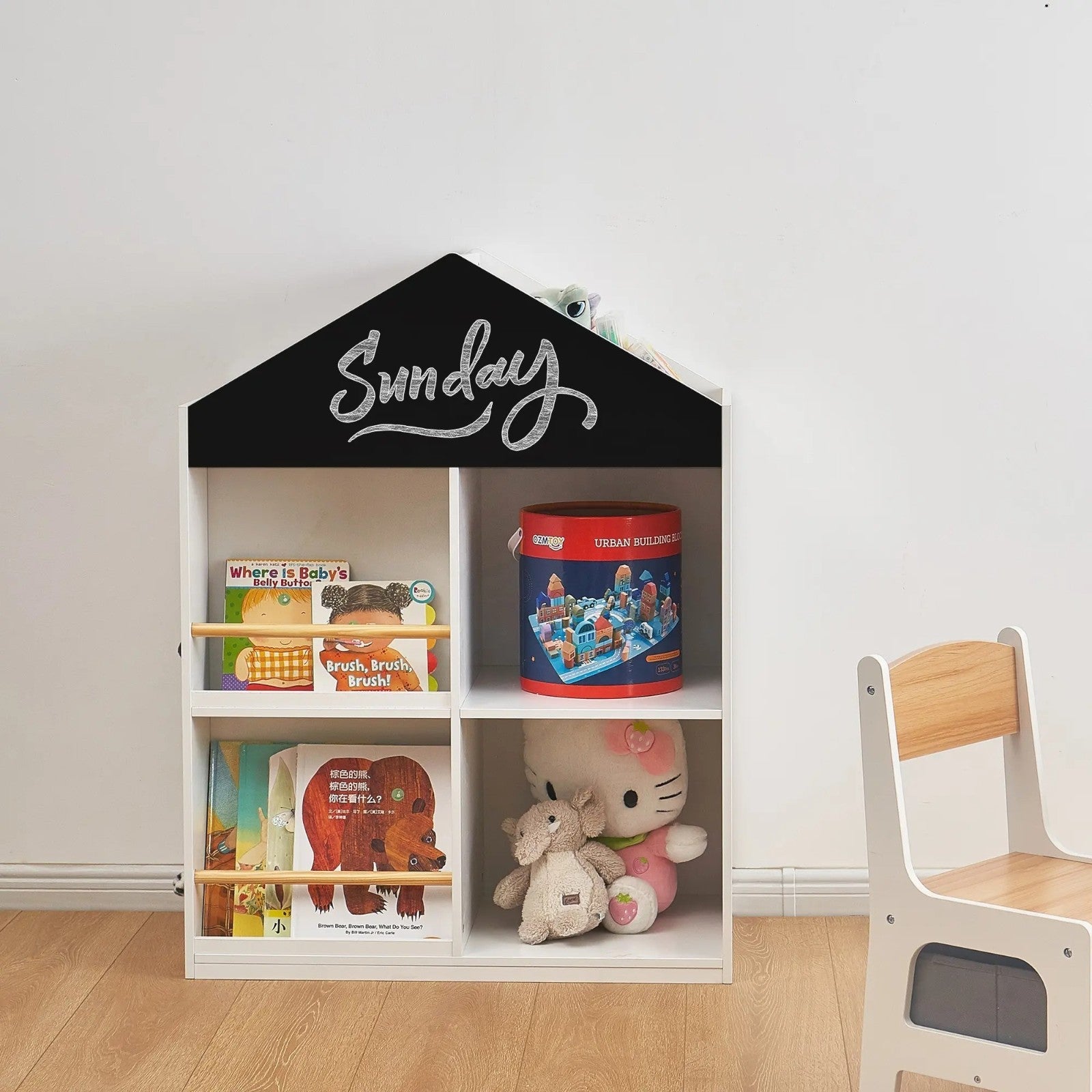 Детска Етажерка За Играчки И Книги Къща С Рафтoве И Дъска За Рисуване, Монтесори, Бяла, 72.5x40x95.8 См Ginger Home