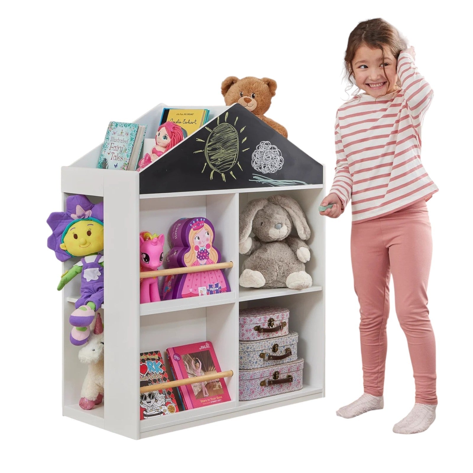 Детска Етажерка За Играчки И Книги Къща С Рафтoве И Дъска За Рисуване, Монтесори, Бяла, 72.5x40x95.8 См Ginger Home