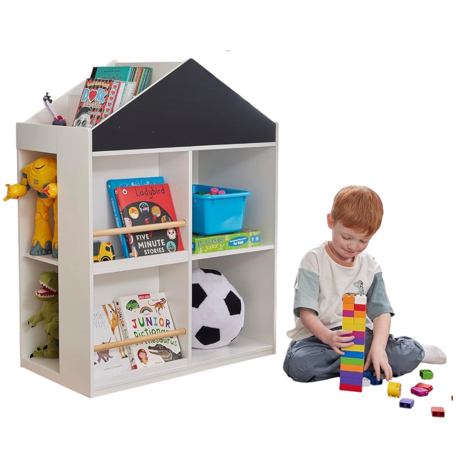 Детска Етажерка За Играчки И Книги Къща С Рафтoве И Дъска За Рисуване, Монтесори, Бяла, 72.5x40x95.8 См Ginger Home