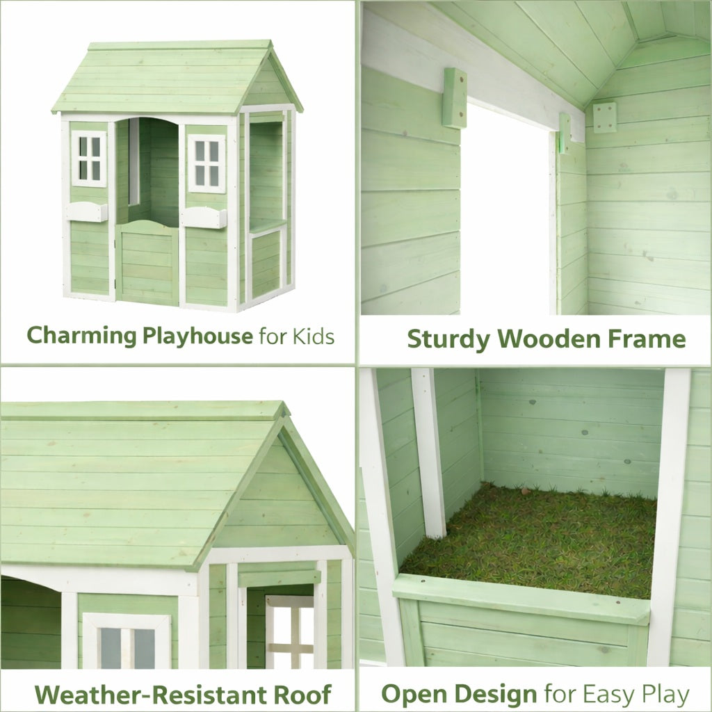 Детска Дървена Къщичка За Игра На Открито Градинска Къща За Деца, Зелено И Бяло, 107×90×144 См Ginger Home
