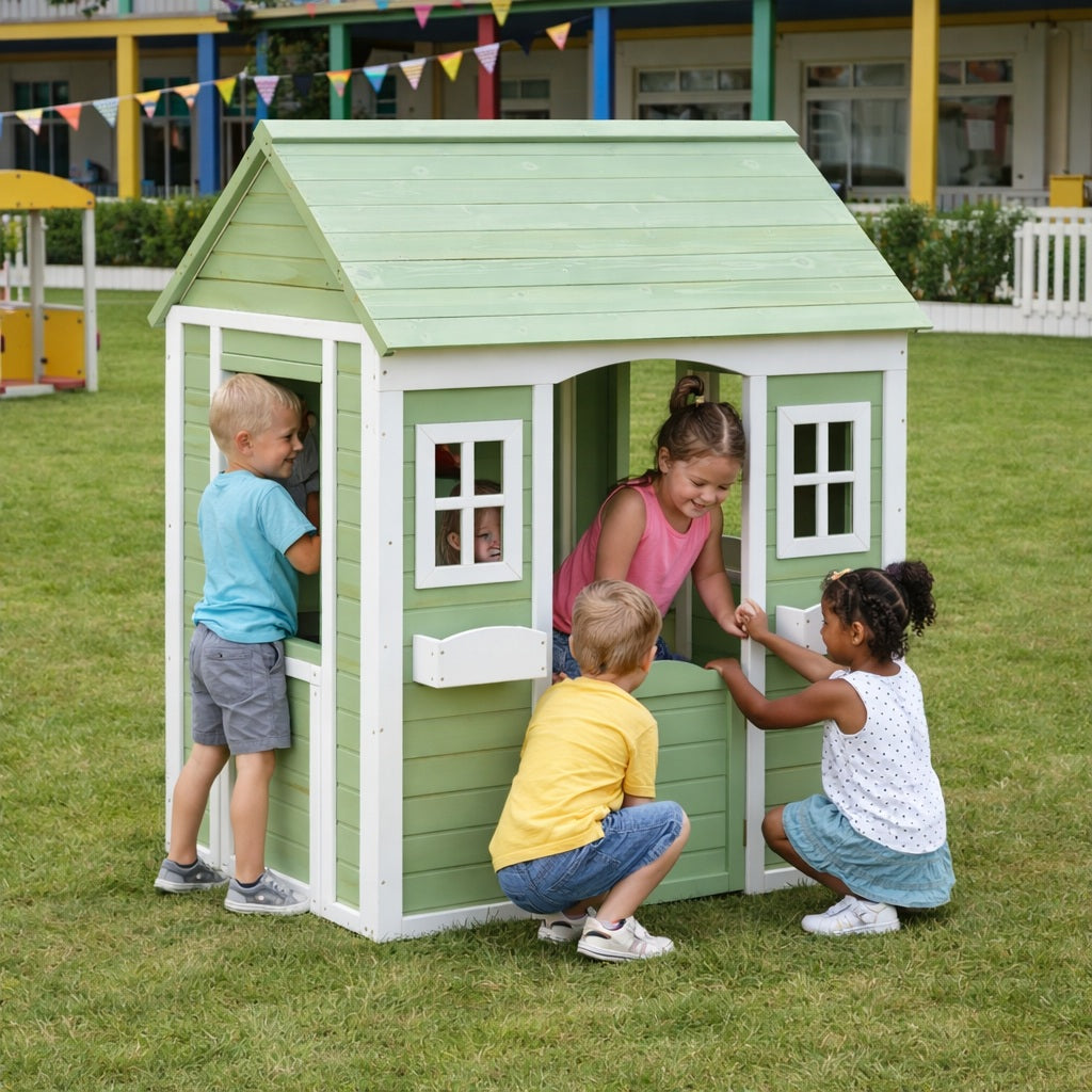 Детска Дървена Къщичка За Игра На Открито Градинска Къща За Деца, Зелено И Бяло, 107×90×144 См Ginger Home