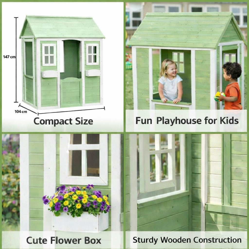 Детска Дървена Къщичка За Игра На Открито Градинска Къща За Деца, Зелено И Бяло, 107×90×144 См Ginger Home