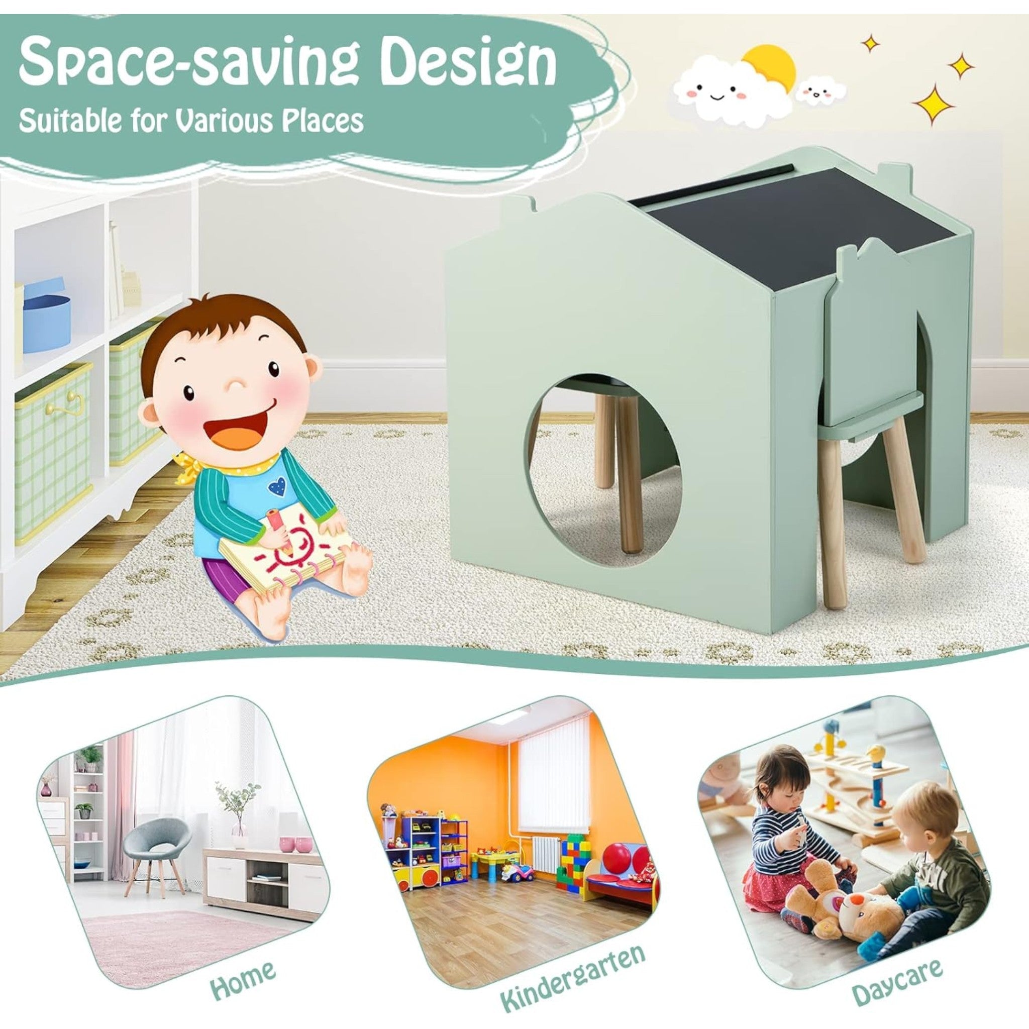 Детска Маса Ginger Home С 2 Столчета - Мултиактивна Къщичка С Черна Дъска, Плот За Рисуване И Четене