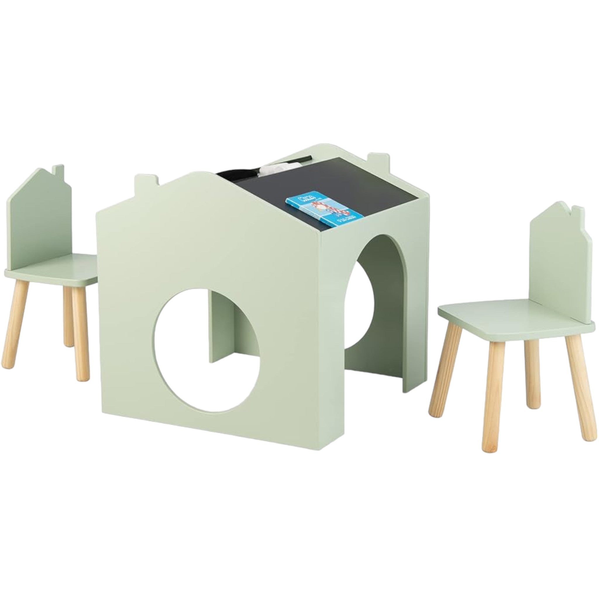 Детска Маса Ginger Home С 2 Столчета - Мултиактивна Къщичка С Черна Дъска, Плот За Рисуване И Четене