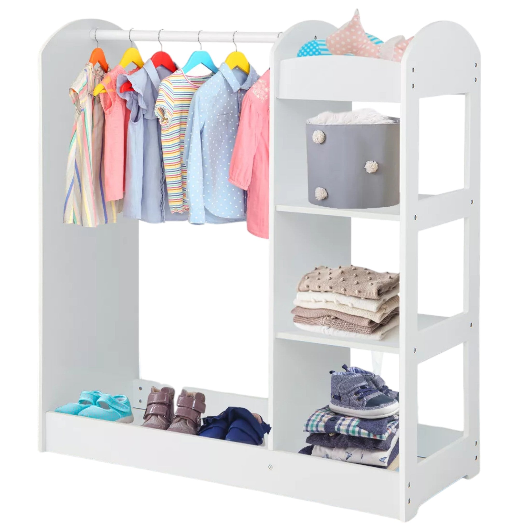 Детска Стойка За Дрехи С Огледало Ginger Home - Отворен Детски Гардероб С Рафтове И Закачалки, Бял, 94X38X100 См