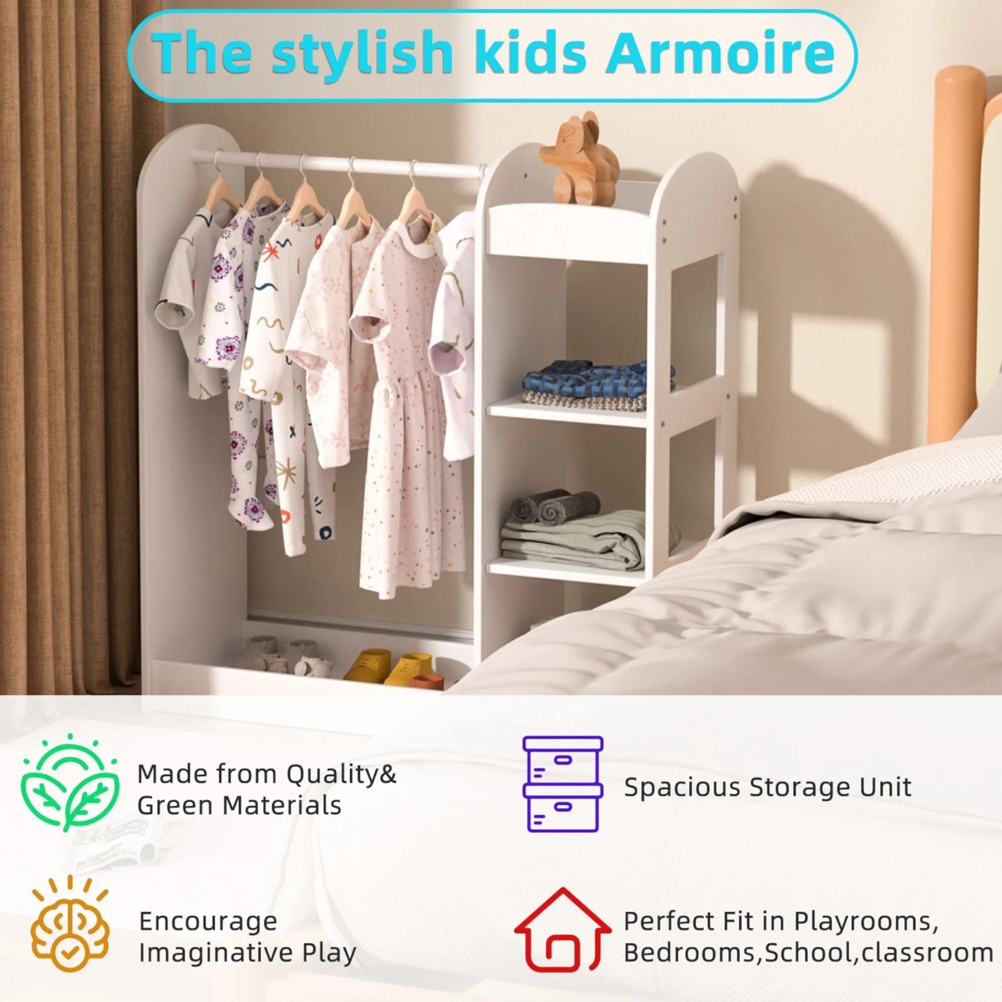 Детска Стойка За Дрехи С Огледало Ginger Home - Отворен Детски Гардероб С Рафтове И Закачалки, Бял, 94X38X100 См