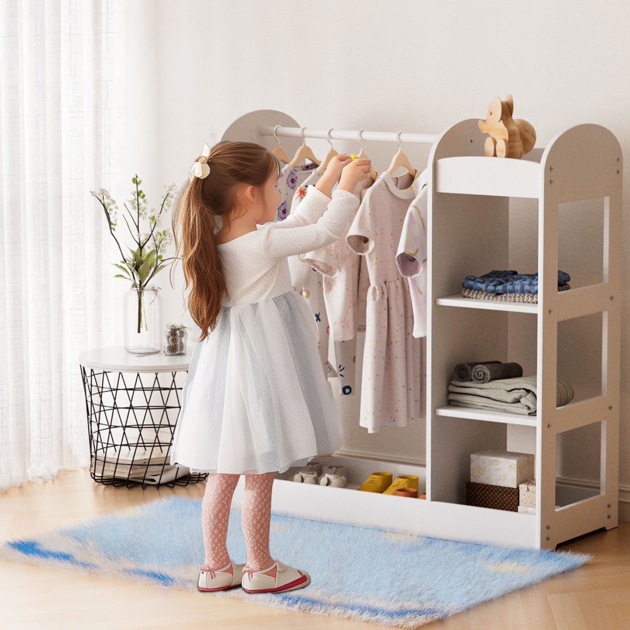 Детска Стойка За Дрехи С Огледало Ginger Home - Отворен Детски Гардероб С Рафтове И Закачалки, Бял, 94X38X100 См