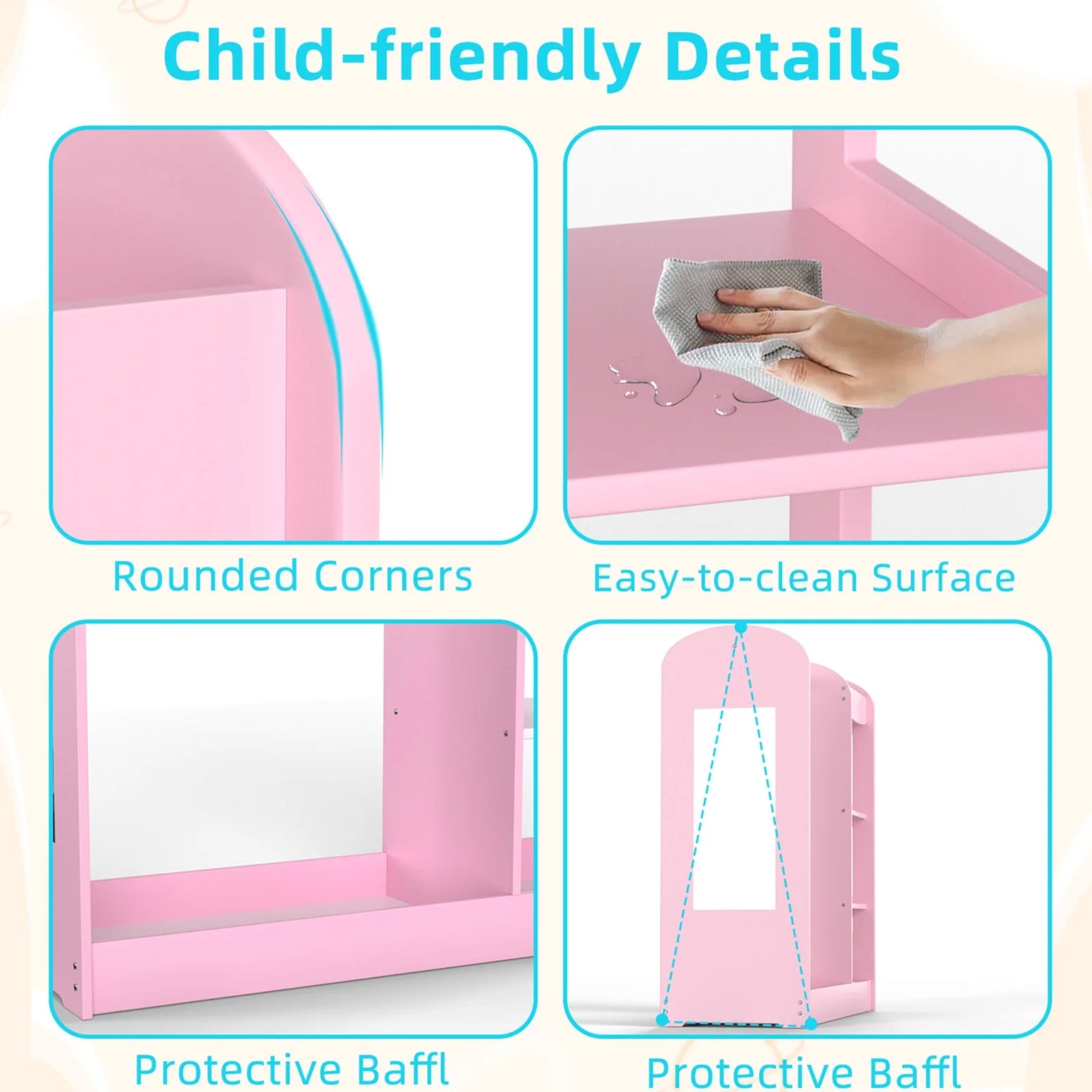 Детска Стойка За Дрехи С Огледало Ginger Home - Отворен Детски Гардероб С Рафтове И Закачалки, Розов, 94X38X100 См