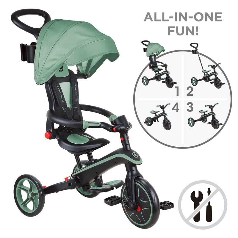 Tricicletă pentru copii 4 în 1 Globber Explorer Trike pliabilă, culoare măsliniu