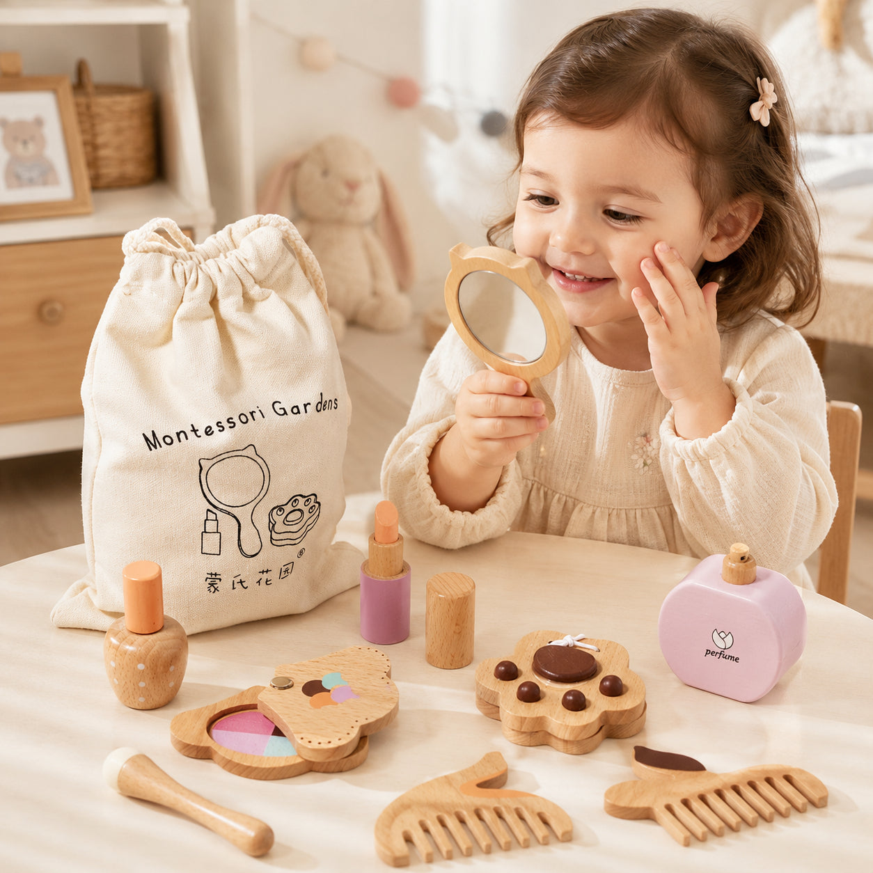 Детски Дървен Козметичен Комплект Гримове За Ролева Игра, Чантичка, Монтесори Ginger Home