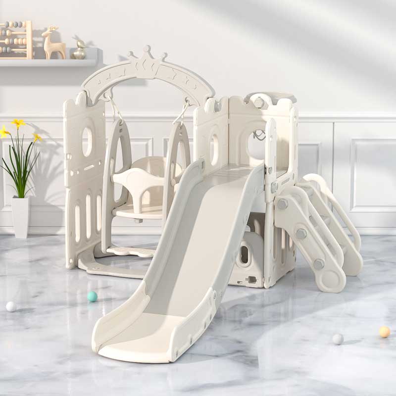 Детски Комплект За Игра 2 В 1 Замък, Пързалка И Люлка В Бежов Цвят Feelkids