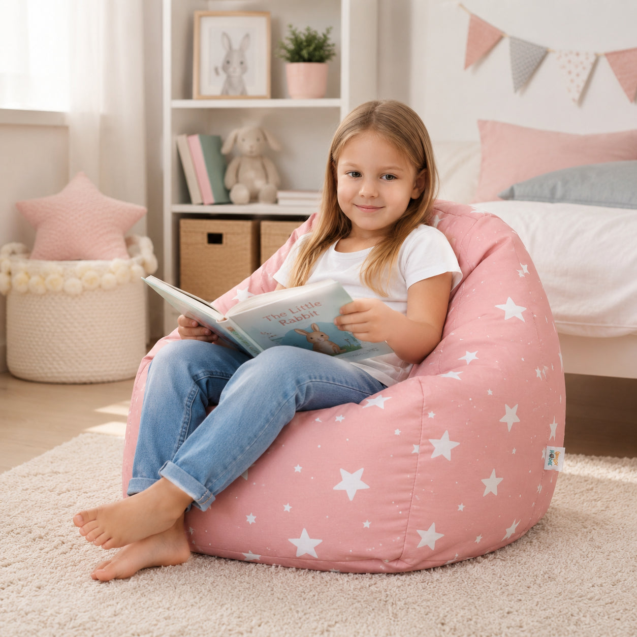 Детски Пуф Кресло Little Stars, 100% Памук, Розов Барбарон Със Звезди, 55x44x55 См Ginger Home