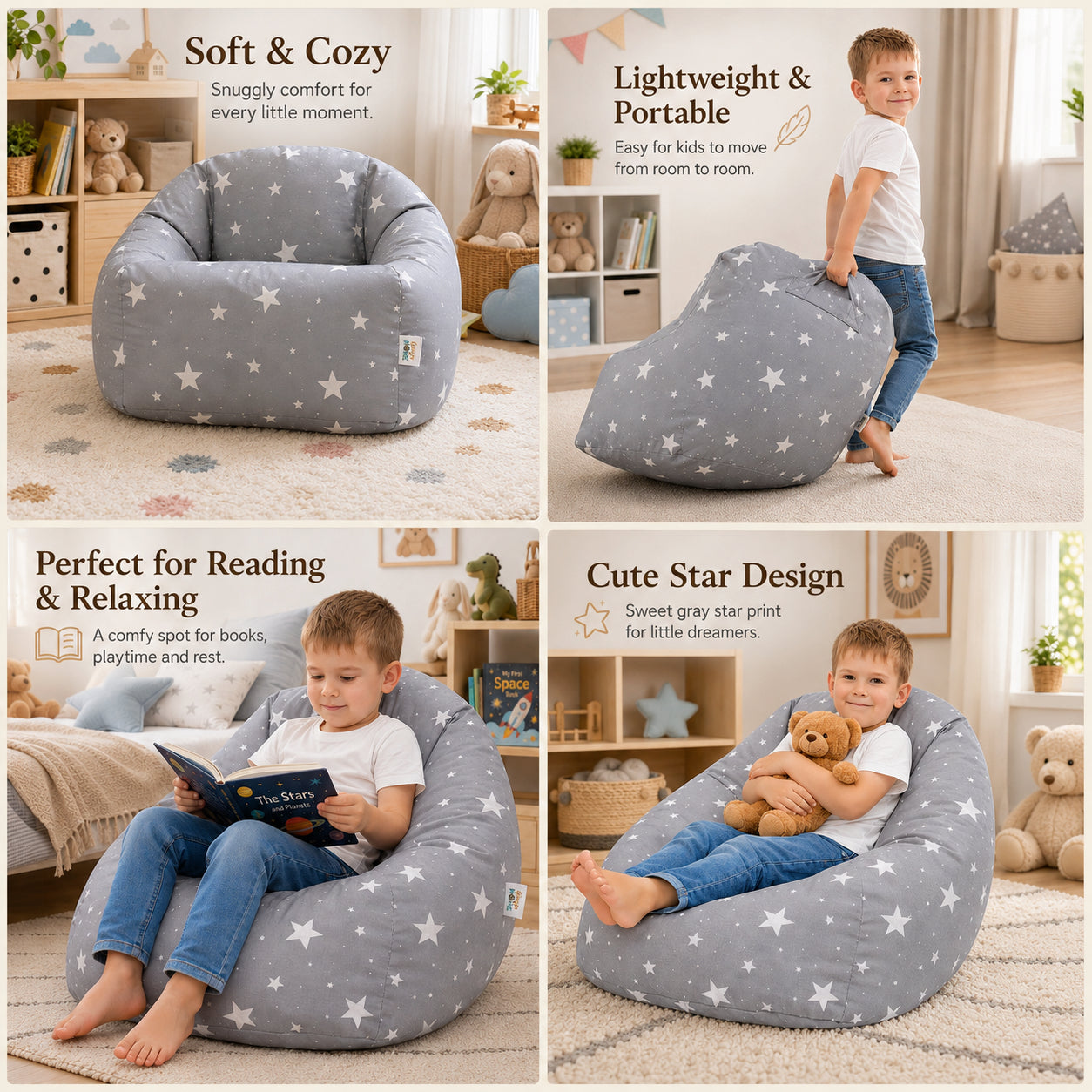 Детски Пуф Кресло Little Stars, 100% Памук, Сив Барбарон Със Звезди, 55x44x55 См Ginger Home