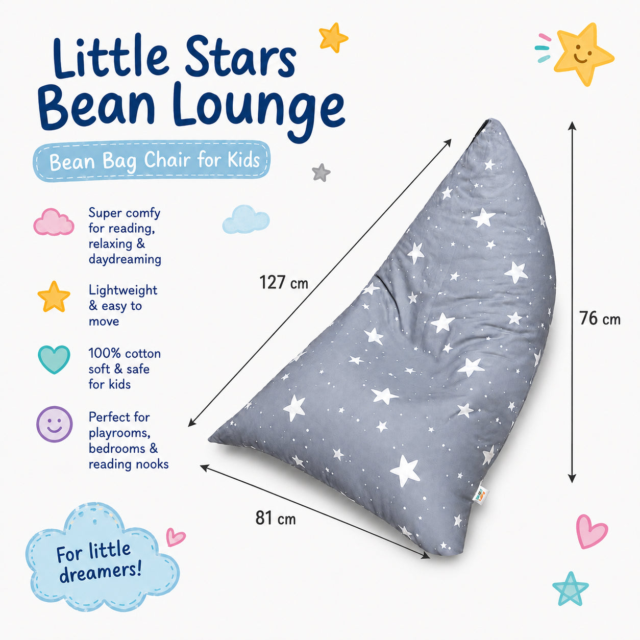 Детски Пуф Лежанка Little Stars, 100% Памук, Сив Барбарон Със Звезди, 127x81x76 См Ginger Home